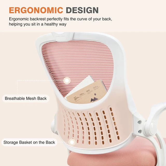 Alt view image 6 of 7 - Home Office Chair, High Back Office Chair, Lumbar Support, Pink Mesh with Adjustable Headrest, Comfortable Flip-up Armrest for Bedroom Study Student Executive