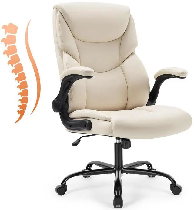 Main image of Sweetcrispy Ergonomic Office Chair Heavy Duty Task Desk Chair with Flip-up Arms, PU Leather, Adjustable Swivel Rolling Chair with Wheels, Beige