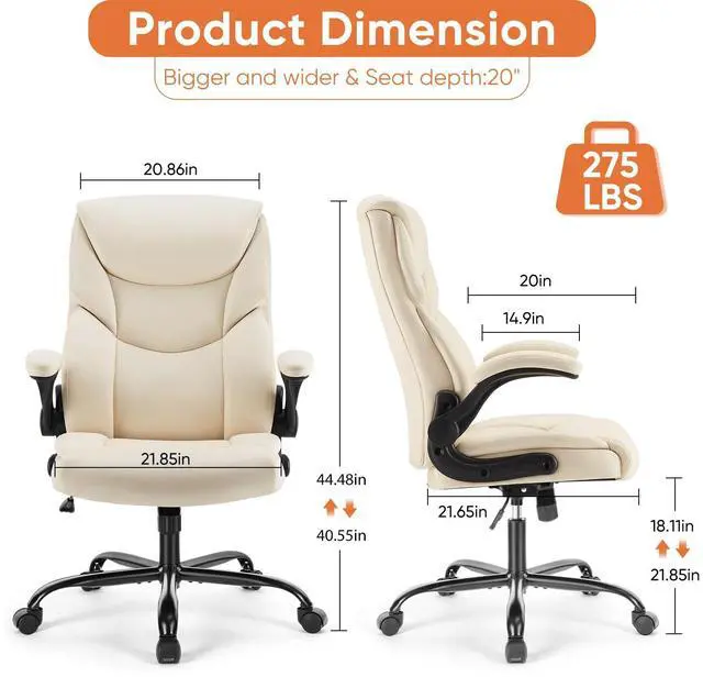 Alt view image 3 of 8 - Sweetcrispy Ergonomic Office Chair Heavy Duty Task Desk Chair with Flip-up Arms, PU Leather, Adjustable Swivel Rolling Chair with Wheels, Beige