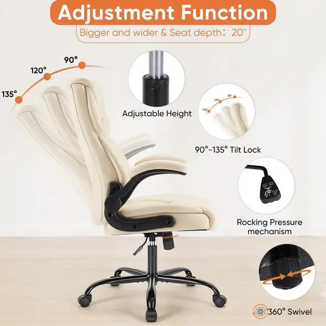 Alt view image 4 of 8 - Sweetcrispy Ergonomic Office Chair Heavy Duty Task Desk Chair with Flip-up Arms, PU Leather, Adjustable Swivel Rolling Chair with Wheels, Beige