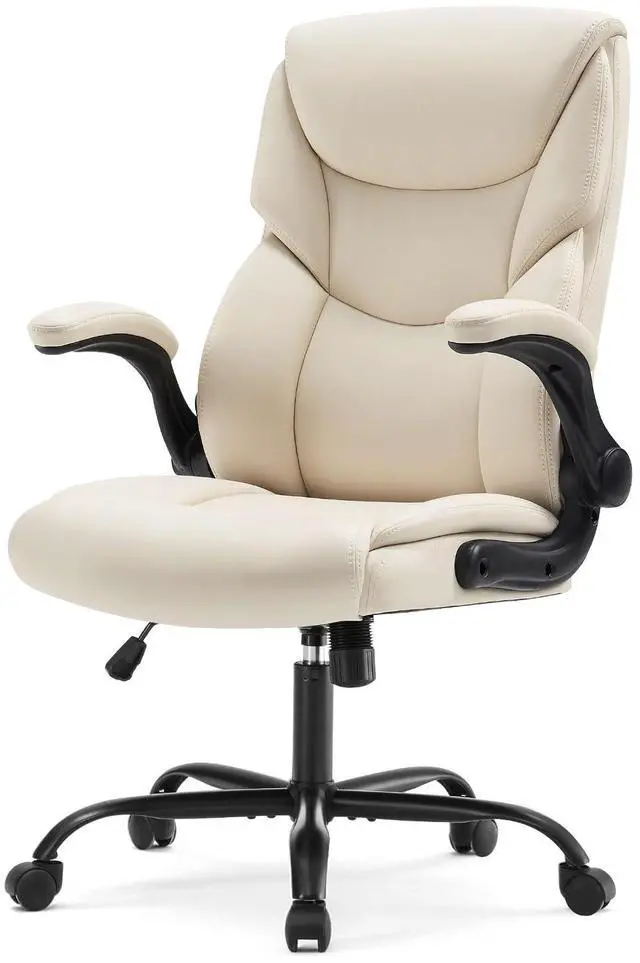 Alt view image 7 of 8 - Sweetcrispy Ergonomic Office Chair Heavy Duty Task Desk Chair with Flip-up Arms, PU Leather, Adjustable Swivel Rolling Chair with Wheels, Beige