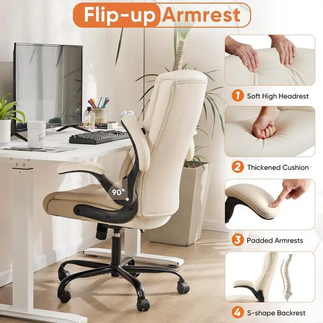 Alt view image 6 of 8 - Sweetcrispy Ergonomic Office Chair Heavy Duty Task Desk Chair with Flip-up Arms, PU Leather, Adjustable Swivel Rolling Chair with Wheels, Beige