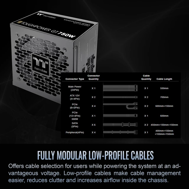 Alt view image 5 of 6 - Thermaltake Toughpower GT 750W ATX 3.1 Standard Power Supply; 80 Plus Gold Efficiency; Smart Zero Fan; Native 300W PCIe 5.1 Connector; PS-TPT-0750FNFAGU-3; 5 Year Warranty