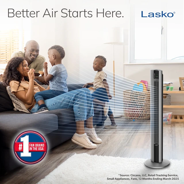 Alt view image 2 of 7 - Oscillating Tower Fan with Remote - 48" - T48314 - Gray | Timer, Quiet Standing Cooling Fan For Bedroom, Office, and Home, 3 Speeds, Nighttime Setting, Powerful Cold Air, Bladeless