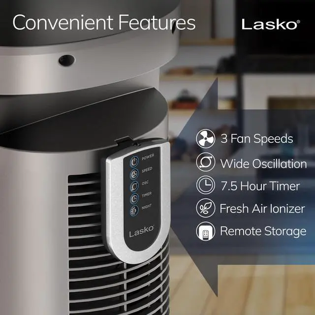 Alt view image 19 of 20 - Lasko 43" Wind Curve Nighttime Setting Tower Fan with Remote Control, Silverwood