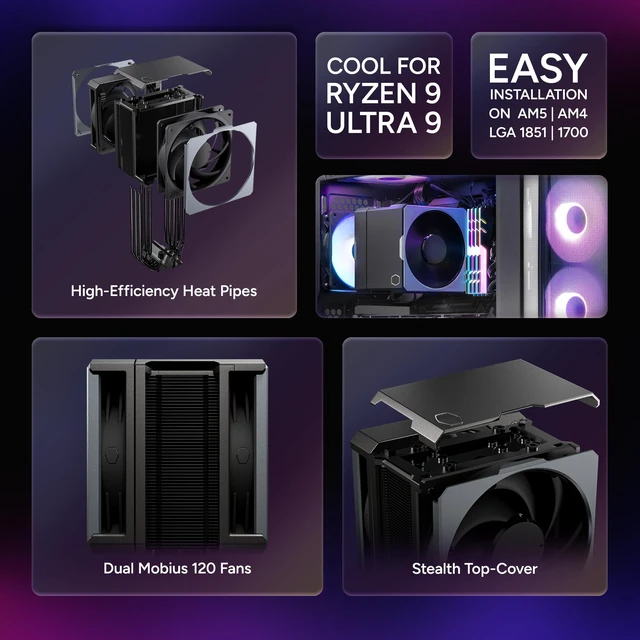 Alt view image 2 of 7 - Cooler Master Hyper 612 APEX SCHP CPU Air Cooler, Single-Tower Dual PWM Fan | AMD AM5/AM4 & Intel LGA1851/1700 Support Cooler, 6 SCHP, Quiet Cooling. Dual Mobuis 120P PWM Fans, 159mm