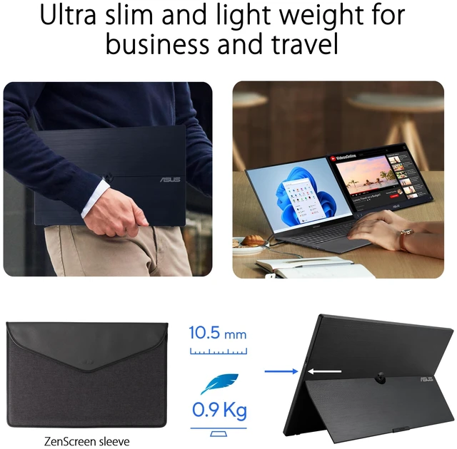 Alt view image 7 of 7 - ZenScreen MB16AHV 15.6 Inch 1080p Portable Monitor Kickstand, Anti-Glare, Blue Light Filter, Mini HDMI, Tripod mountable, Protective Sleeve, Travel Display for MacBook and PC