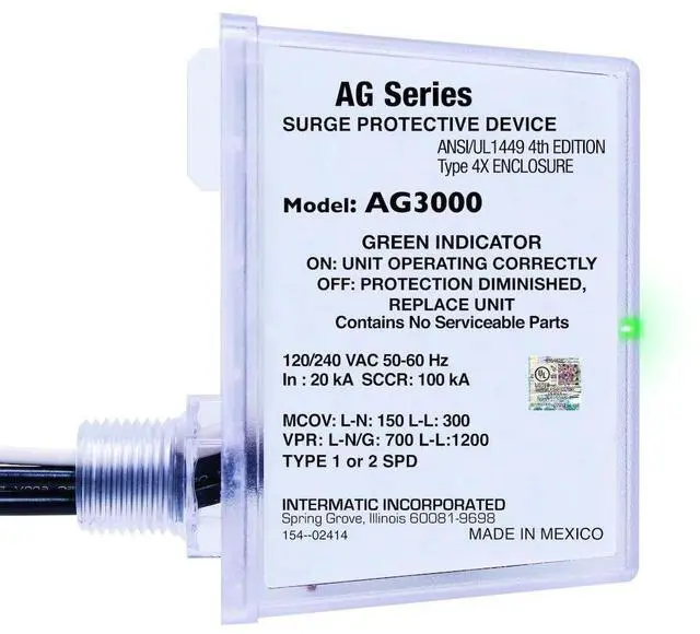 Main image of AG3000 HVAC Surge Protective Device, 120/240 VAC | UL Listed with TPMOV Technology, a Type 4X Outdoor Enclosure, and Dual LED Indicators Showing Protection Status
