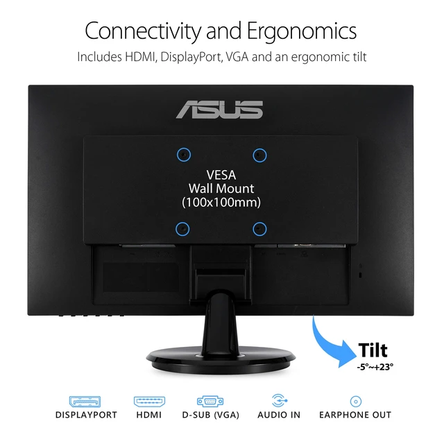 Alt view image 2 of 6 - VA24DQ 24 Inch 1080P Computer Monitor, HDMI, DisplayPort, VGA, Speaker IPS, Full HD, Adaptive-Sync/FreeSync, Eye Care, Low Blue Light, Frameless, Flicker Free, VESA Wall Mount, Tilt Adjustable