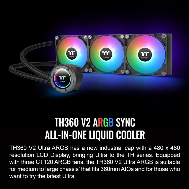 Alt view image 2 of 6 - Thermaltake TH360 ARGB Sync V2 CPU Liquid Cooler/AlO Liquid Cooling/Fan 120mm*3/PWM 500~2000 RPM/Mirror Waterblock/MB ARGB Sync Control, CL-W362-PL12SW-A,Black