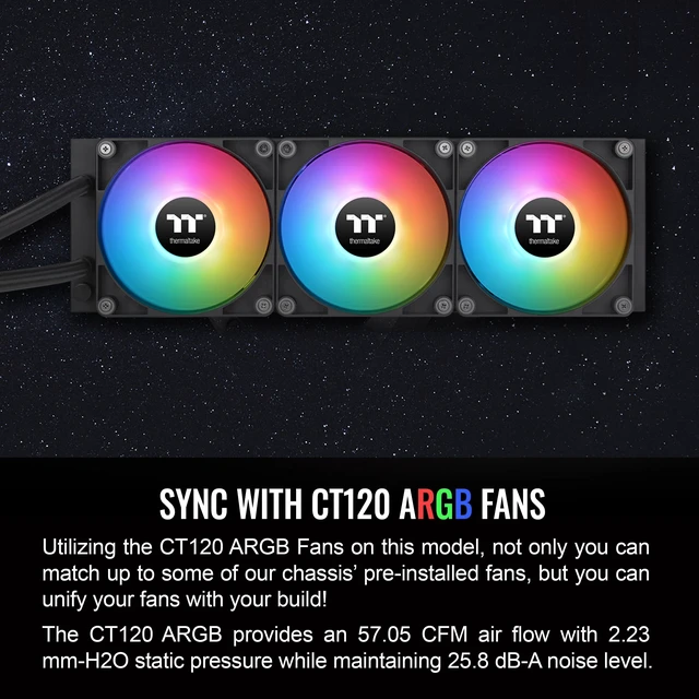Alt view image 5 of 6 - Thermaltake TH360 ARGB Sync V2 CPU Liquid Cooler/AlO Liquid Cooling/Fan 120mm*3/PWM 500~2000 RPM/Mirror Waterblock/MB ARGB Sync Control, CL-W362-PL12SW-A,Black