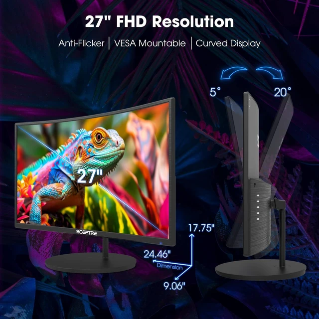Alt view image 6 of 6 - New! Curved 27-inch Gaming Monitor 100Hz 1080p R1500 98% sRGB HDMI x2 VGA Build-in Speakers, VESA Wall Mount Machine Black 2026 (C275W-1920RN Series)