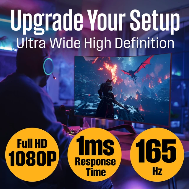 Alt view image 2 of 7 - 24 Inch Curved Gaming Monitor, 165Hz, 1ms, FHD 1080P, 3000:1 Contrast Ratio, 110% sRGB, 1500R, AMD FreeSync, Eyecare, for PC Games with Built-in Speakers, VESA, DisplayPort, HDMI
