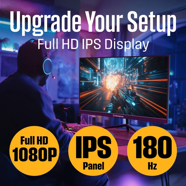 Alt view image 2 of 7 - 27 Inch Gaming Monitor, IPS, 180Hz, 1ms, Built in Speakers, HD 1080P, 110% sRGB, AMD FreeSync, Eyecare, Computer Monitor for Office, PC & Console Games, DisplayPort, HDMIx2/Gaming Mode