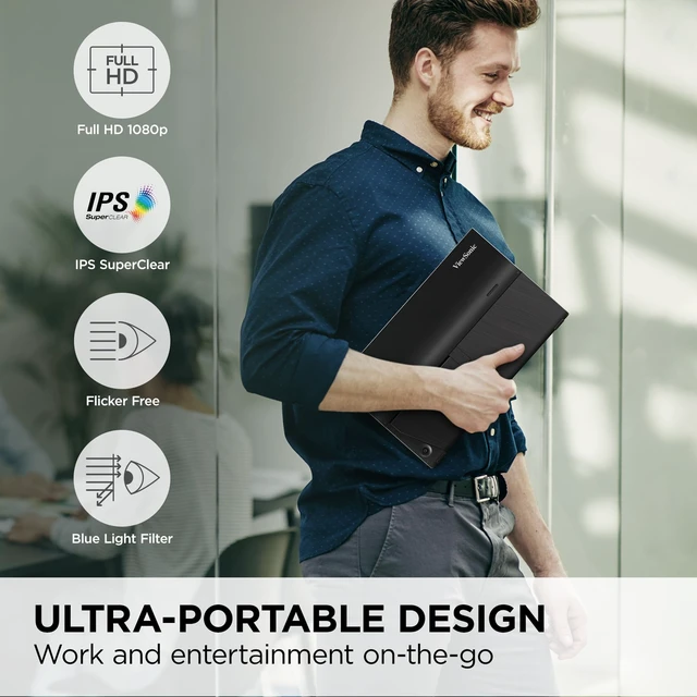 Alt view image 2 of 7 - VA1655 16 Inch 1080p Portable Monitor, FHD IPS External Screen USB C, Mini HDMI, Eye Care, Built In Stand, Protective Case, Macs, PCs, Home Office, Travel, Portrait Landscape, 60W Charging