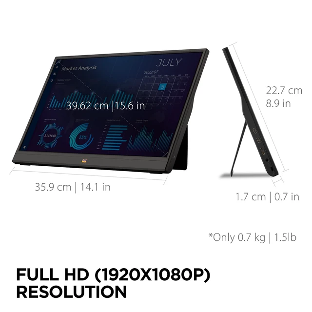 Alt view image 4 of 7 - VA1655 16 Inch 1080p Portable Monitor, FHD IPS External Screen USB C, Mini HDMI, Eye Care, Built In Stand, Protective Case, Macs, PCs, Home Office, Travel, Portrait Landscape, 60W Charging