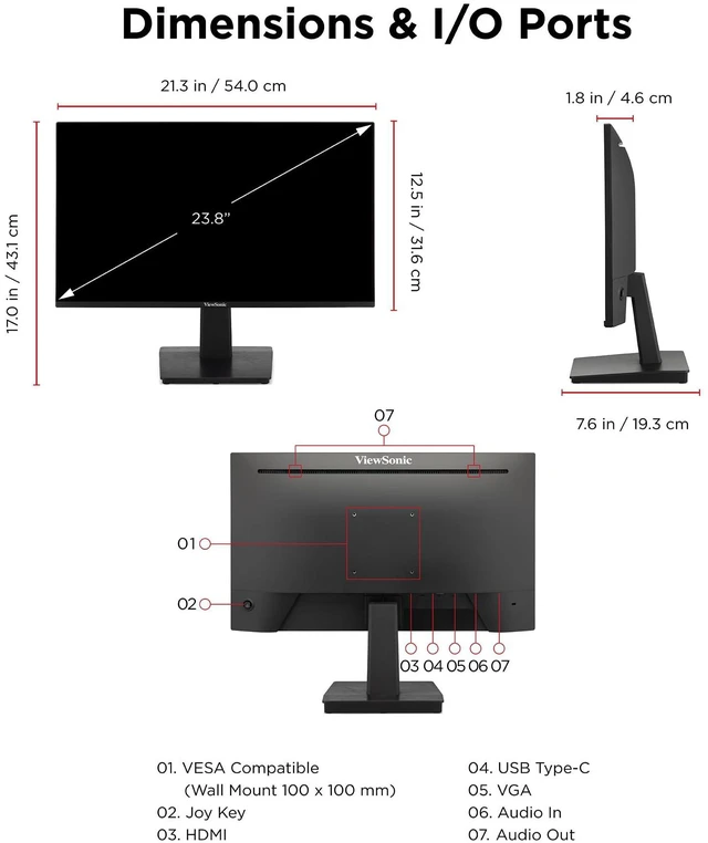 Alt view image 7 of 7 - VA2448-MHU 24 Inch 1080p IPS Computer Monitor, 120Hz, USB C Variable Refresh Rate, HDMI, VGA, USB C, Dual Speakers, Eye Care, Frameless, Home Office, Laptop, PC, Mac, 1ms, 300 Nits