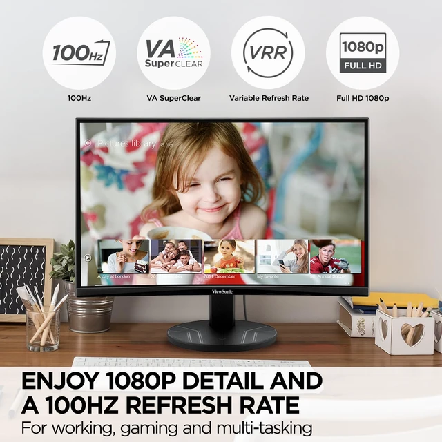 Alt view image 2 of 7 - VA2416C 24 Inch 1080p Curved Computer Monitor, 100Hz, HDMI Variable Refresh Rate, Frameless, Dual Speakers, DisplayPort, Eye Care, Home Office, Laptop, PC, Mac, Anti Glare, 4ms, Curve
