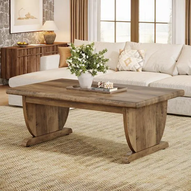 Main image of Tribesigns Rectangle Coffee Table, 48-Inch Large Wooden Low Coffee Tables for Living Room, Rustic Farmhouse Center Tea Table with Sturdy Pedestal Base, Easy Assembly, Medium Brown