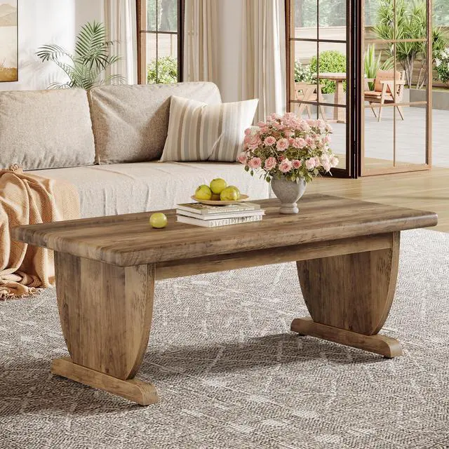 Alt view image 2 of 7 - Tribesigns Rectangle Coffee Table, 48-Inch Large Wooden Low Coffee Tables for Living Room, Rustic Farmhouse Center Tea Table with Sturdy Pedestal Base, Easy Assembly, Medium Brown