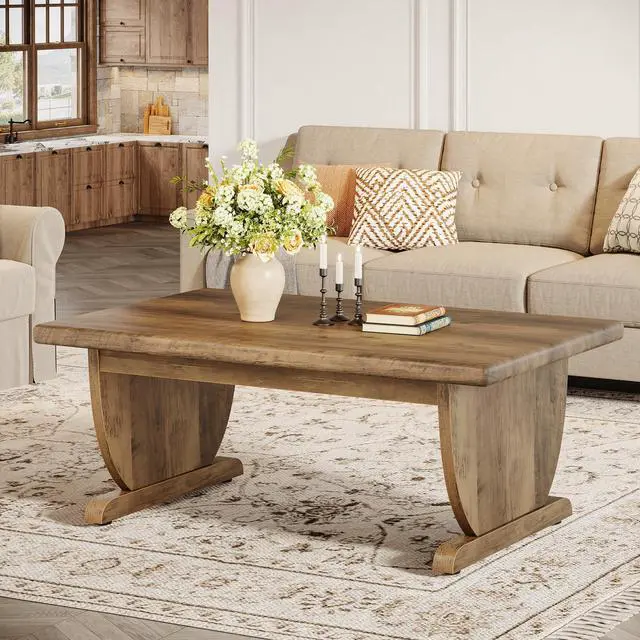 Alt view image 4 of 7 - Tribesigns Rectangle Coffee Table, 48-Inch Large Wooden Low Coffee Tables for Living Room, Rustic Farmhouse Center Tea Table with Sturdy Pedestal Base, Easy Assembly, Medium Brown