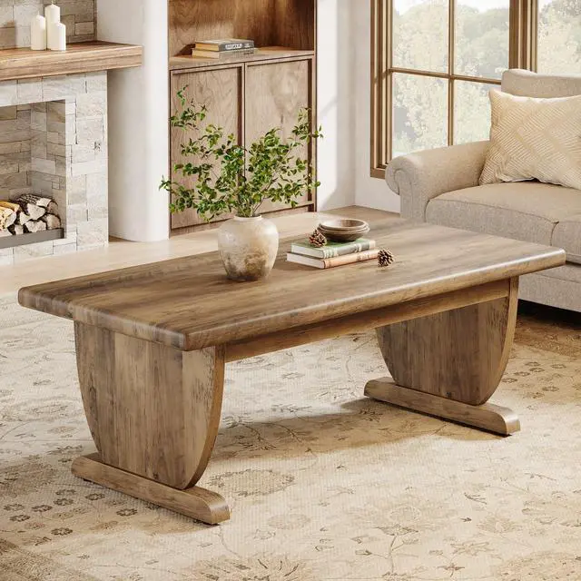Alt view image 3 of 7 - Tribesigns Rectangle Coffee Table, 48-Inch Large Wooden Low Coffee Tables for Living Room, Rustic Farmhouse Center Tea Table with Sturdy Pedestal Base, Easy Assembly, Medium Brown