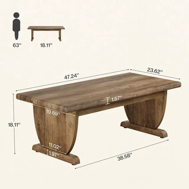 Alt view image 5 of 7 - Tribesigns Rectangle Coffee Table, 48-Inch Large Wooden Low Coffee Tables for Living Room, Rustic Farmhouse Center Tea Table with Sturdy Pedestal Base, Easy Assembly, Medium Brown
