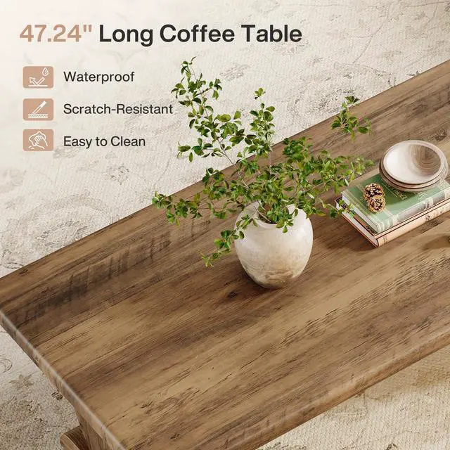 Alt view image 6 of 7 - Tribesigns Rectangle Coffee Table, 48-Inch Large Wooden Low Coffee Tables for Living Room, Rustic Farmhouse Center Tea Table with Sturdy Pedestal Base, Easy Assembly, Medium Brown