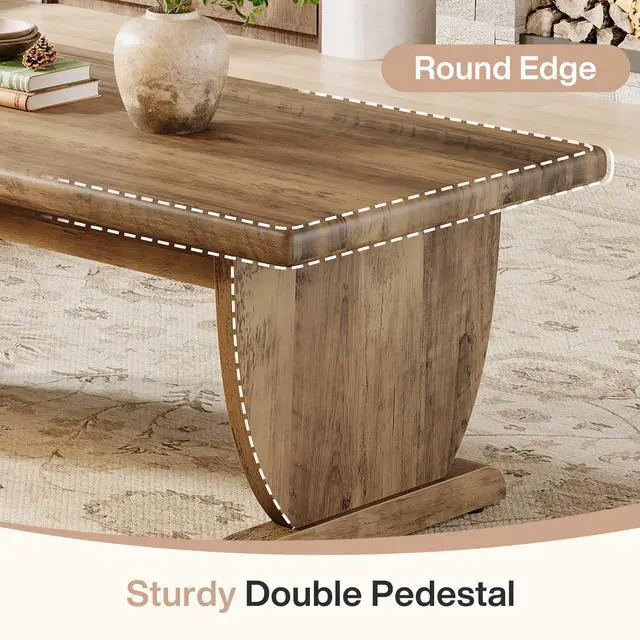 Alt view image 7 of 7 - Tribesigns Rectangle Coffee Table, 48-Inch Large Wooden Low Coffee Tables for Living Room, Rustic Farmhouse Center Tea Table with Sturdy Pedestal Base, Easy Assembly, Medium Brown