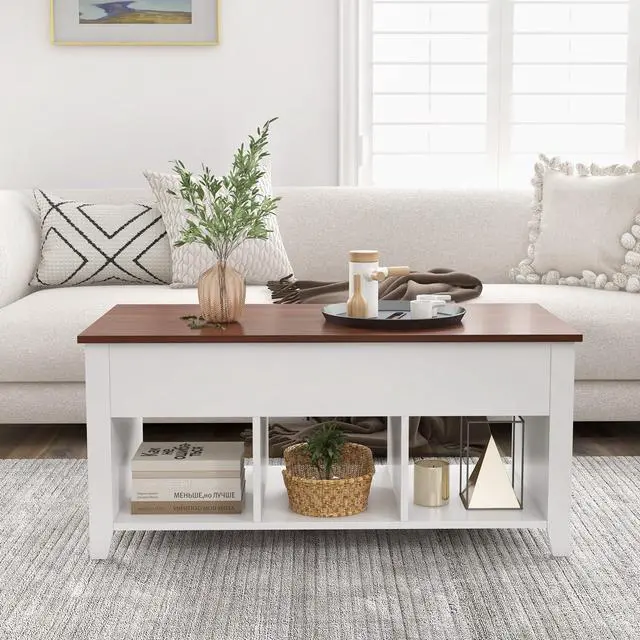 Alt view image 3 of 7 - Giantex Lift Top Coffee Table - Rectangular Wooden Table w/Hidden Compartment & Open Storage Shelves, Multifunctional Modern Flip Top Center Table for Living Room, Reception Room, Office (White)