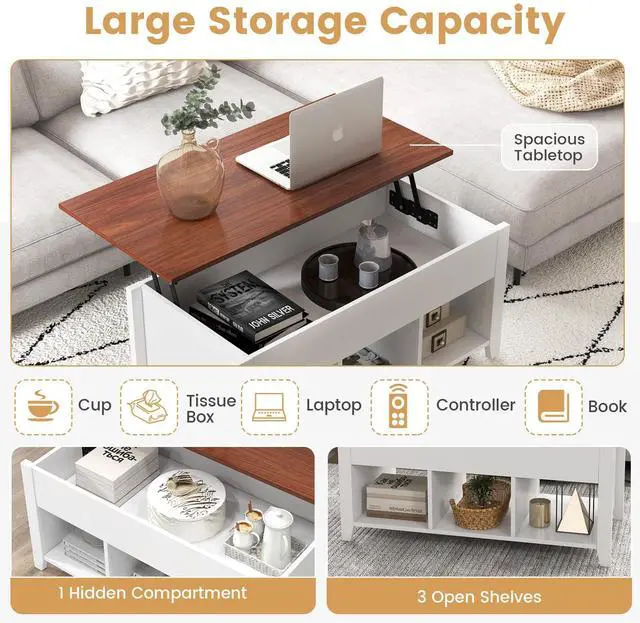 Alt view image 4 of 7 - Giantex Lift Top Coffee Table - Rectangular Wooden Table w/Hidden Compartment & Open Storage Shelves, Multifunctional Modern Flip Top Center Table for Living Room, Reception Room, Office (White)