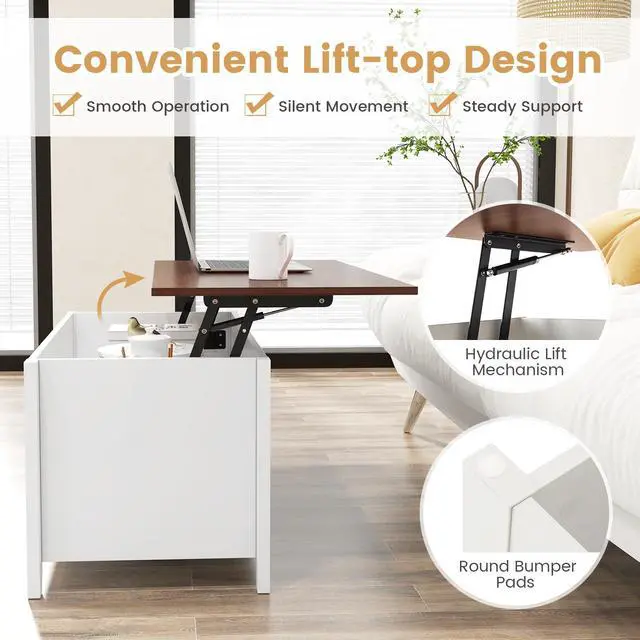 Alt view image 5 of 7 - Giantex Lift Top Coffee Table - Rectangular Wooden Table w/Hidden Compartment & Open Storage Shelves, Multifunctional Modern Flip Top Center Table for Living Room, Reception Room, Office (White)