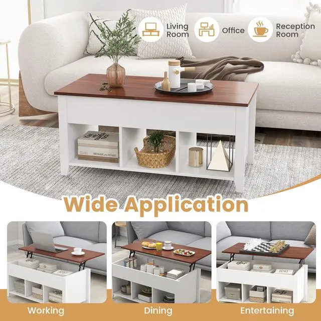 Alt view image 6 of 7 - Giantex Lift Top Coffee Table - Rectangular Wooden Table w/Hidden Compartment & Open Storage Shelves, Multifunctional Modern Flip Top Center Table for Living Room, Reception Room, Office (White)