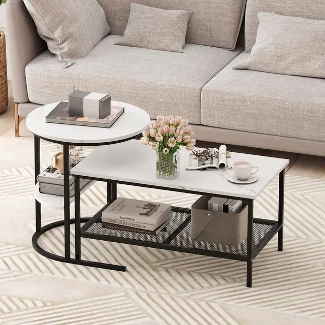 Main image of Giantex Nesting Coffee Table Set of 2, Detachable Rectangular Table & Round Table Set w/White Faux Marble Print, Sturdy Black Metal Frame, Modern Stacking Side Table for Living Room, Bedroom