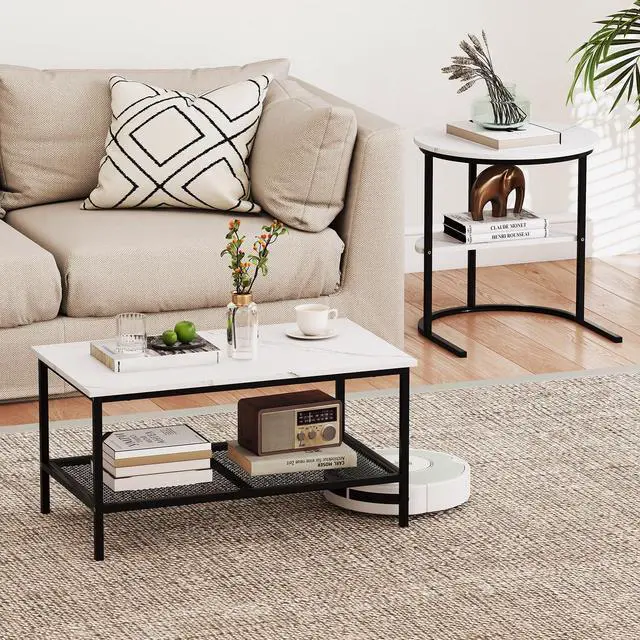 Alt view image 2 of 7 - Giantex Nesting Coffee Table Set of 2, Detachable Rectangular Table & Round Table Set w/White Faux Marble Print, Sturdy Black Metal Frame, Modern Stacking Side Table for Living Room, Bedroom