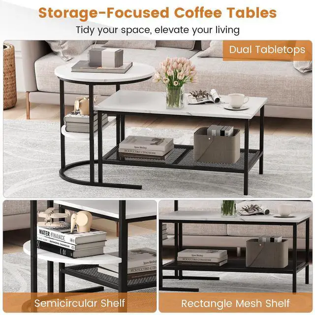 Alt view image 3 of 7 - Giantex Nesting Coffee Table Set of 2, Detachable Rectangular Table & Round Table Set w/White Faux Marble Print, Sturdy Black Metal Frame, Modern Stacking Side Table for Living Room, Bedroom