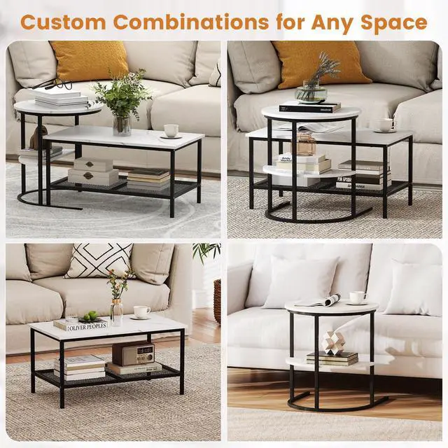 Alt view image 4 of 7 - Giantex Nesting Coffee Table Set of 2, Detachable Rectangular Table & Round Table Set w/White Faux Marble Print, Sturdy Black Metal Frame, Modern Stacking Side Table for Living Room, Bedroom