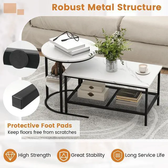 Alt view image 5 of 7 - Giantex Nesting Coffee Table Set of 2, Detachable Rectangular Table & Round Table Set w/White Faux Marble Print, Sturdy Black Metal Frame, Modern Stacking Side Table for Living Room, Bedroom