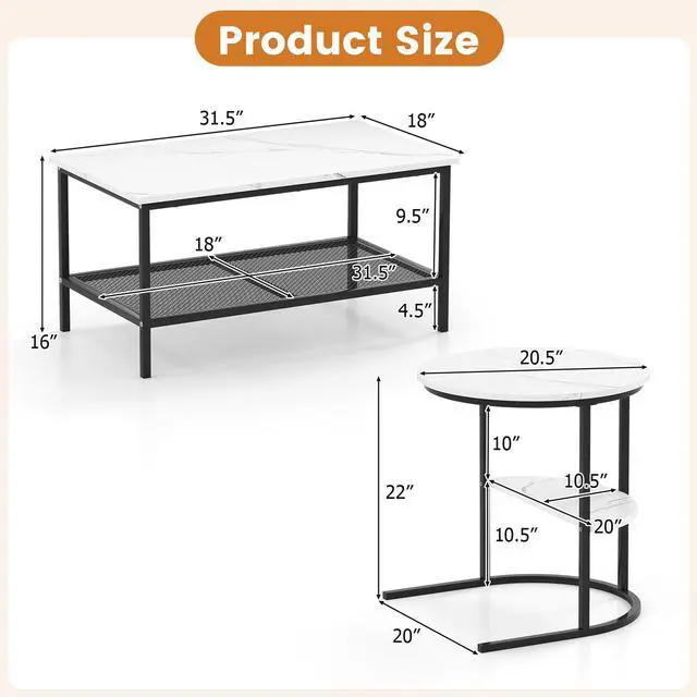 Alt view image 7 of 7 - Giantex Nesting Coffee Table Set of 2, Detachable Rectangular Table & Round Table Set w/White Faux Marble Print, Sturdy Black Metal Frame, Modern Stacking Side Table for Living Room, Bedroom