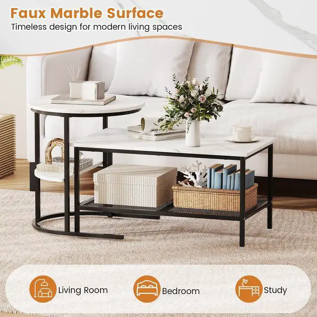 Alt view image 6 of 7 - Giantex Nesting Coffee Table Set of 2, Detachable Rectangular Table & Round Table Set w/White Faux Marble Print, Sturdy Black Metal Frame, Modern Stacking Side Table for Living Room, Bedroom