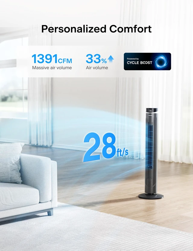 Alt view image 2 of 7 - 42-Inch Tower Fan for bedroom, Standing Fan with 90° Oscillation, 28ft/s, 5 Speeds & 4 Modes, Eco Mode, 12H Timer, 23dB Quiet, Remote Control, Easy Assembly, LED Display