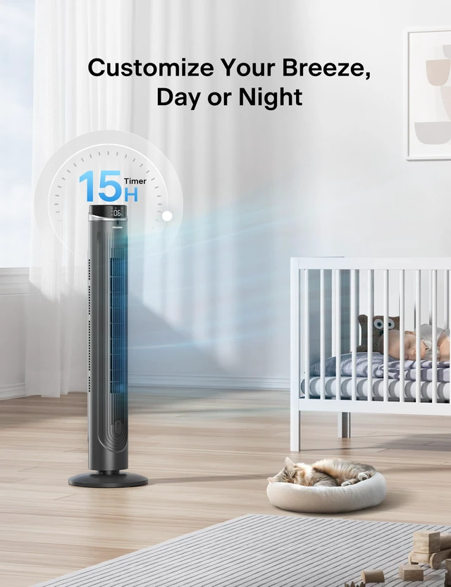 Alt view image 3 of 7 - 42-Inch Tower Fan for bedroom, Standing Fan with 90° Oscillation, 28ft/s, 5 Speeds & 4 Modes, Eco Mode, 12H Timer, 23dB Quiet, Remote Control, Easy Assembly, LED Display