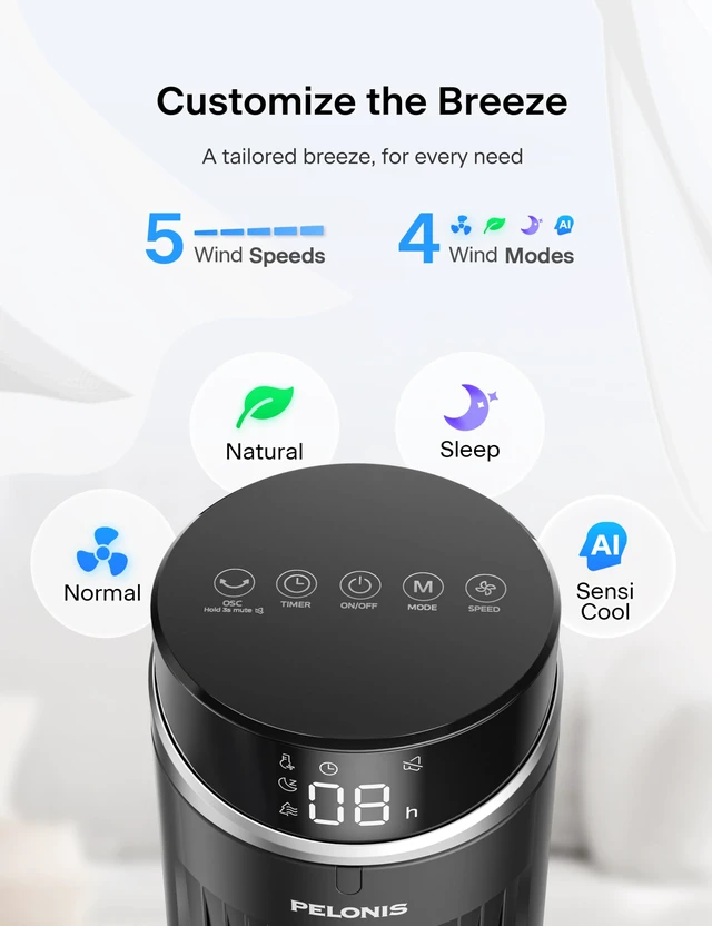 Alt view image 5 of 7 - 42-Inch Tower Fan for bedroom, Standing Fan with 90° Oscillation, 28ft/s, 5 Speeds & 4 Modes, Eco Mode, 12H Timer, 23dB Quiet, Remote Control, Easy Assembly, LED Display