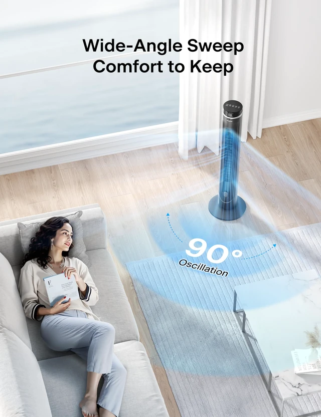 Alt view image 6 of 7 - 42-Inch Tower Fan for bedroom, Standing Fan with 90° Oscillation, 28ft/s, 5 Speeds & 4 Modes, Eco Mode, 12H Timer, 23dB Quiet, Remote Control, Easy Assembly, LED Display