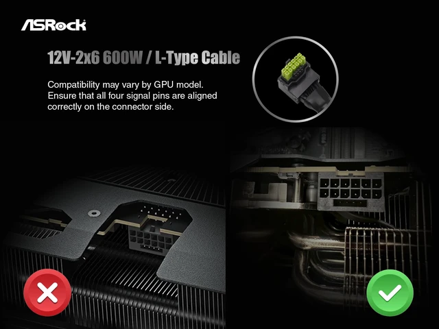 Alt view image 2 of 7 - 12V-2x6 600W Power Cable | ATX 3.1 & PCIe 5.1 Compliant | L-Shaped GPU Connector | 16AWG HCS Terminals | for 750W+ ASRock Taichi/Phantom Gaming PSUs