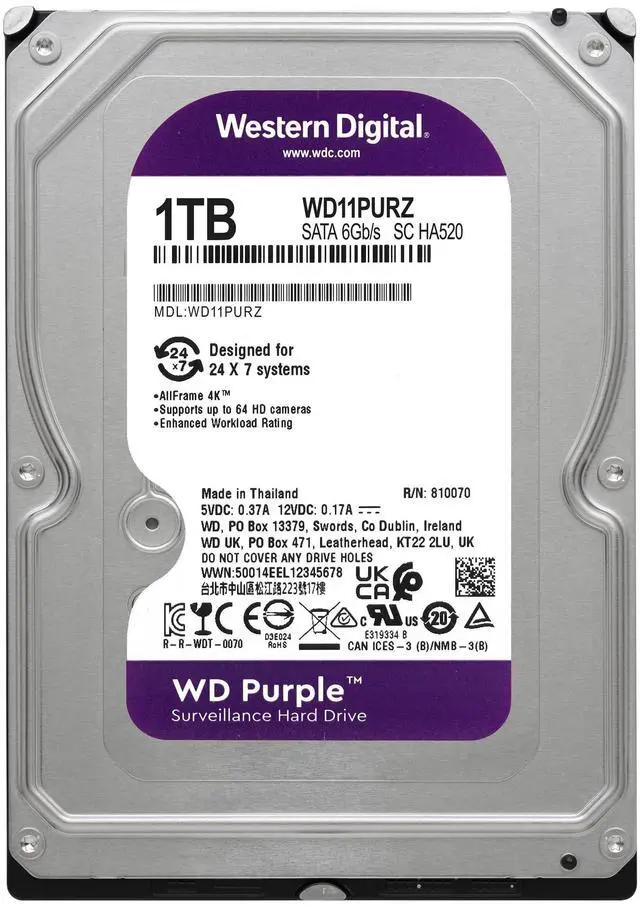 Alt view image 6 of 6 - Western Digital 1TB WD Purple Surveillance Internal Hard Drive HDD - SATA 6 Gb/s, 64 MB Cache, 3.5" - WD11PURZ
