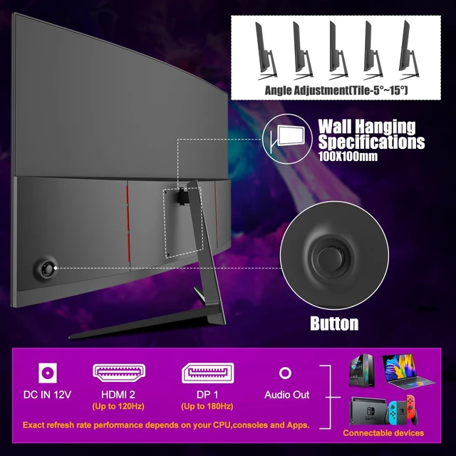 Alt view image 5 of 7 - 27 inch Curved Gaming Monitor,144Hz/180Hz PC Monitor Full HD 1080P, Frameless 1800R Computer Display with FreeSync & Eye-Care Technology, Wall Mountable, DP, HDMI Port (Black)