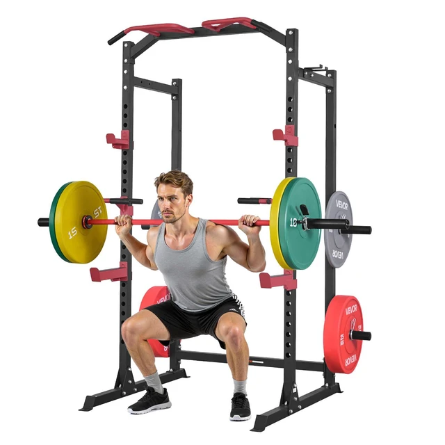 Alt view image 2 of 9 - Vevor Power Cage Power Rack, Multifunctional Barbell Squat Rack with Adjustable Height, Home Gym Strength Training Workout Equipment with J-Hooks & More Fitness Attachment for Bench Press Pull-Up Dips