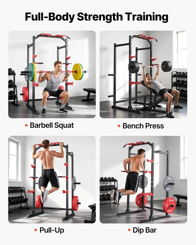 Alt view image 3 of 9 - Vevor Power Cage Power Rack, Multifunctional Barbell Squat Rack with Adjustable Height, Home Gym Strength Training Workout Equipment with J-Hooks & More Fitness Attachment for Bench Press Pull-Up Dips