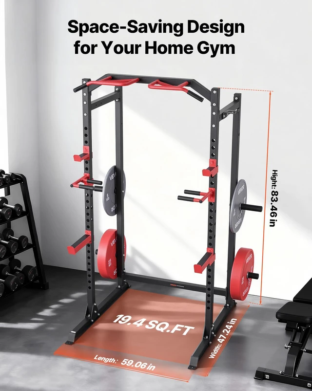 Alt view image 6 of 9 - Vevor Power Cage Power Rack, Multifunctional Barbell Squat Rack with Adjustable Height, Home Gym Strength Training Workout Equipment with J-Hooks & More Fitness Attachment for Bench Press Pull-Up Dips